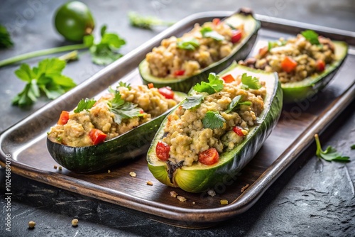 Stuffed raw eggplant and zucchini on a metal tray with selective focus depth of field