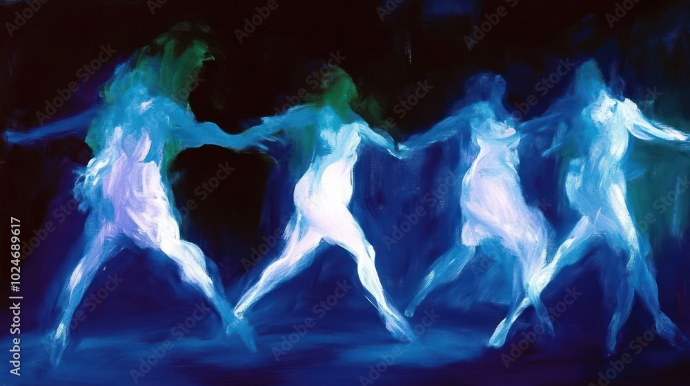 Abstract depiction of four figures dancing in vibrant blue hues, conveying movement and emotion. Abstract depiction of four figures dancing in vibrant blue hues, conveying movement and emotion.