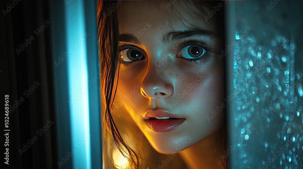 A young woman peering through a window. Perfect for a mysterious or suspenseful theme. A young woman peering through a window. Perfect for a mysterious or suspenseful theme.