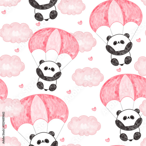 Cute watercolor hand drawn pamda bear flying around clouds and pink hearts with parachute. Seamless pattern background.