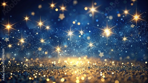 Stunning gold bokeh glitters against dark blue void resembling stars