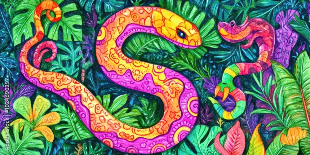 Two colorful snakes in tropical jungle foliage. Two colorful snakes in tropical jungle foliage.