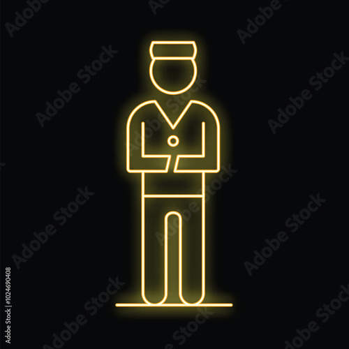 Yellow glowing neon icon of a bellboy standing with his arms crossed, isolated on a black background