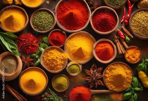 Fototapeta Naklejka Na Ścianę i Meble -  impressive levitation colorful spices culinary ingredients hovering midair amidst vibrant culinary background, colors, cooking, herbs, jar, freshness, visual