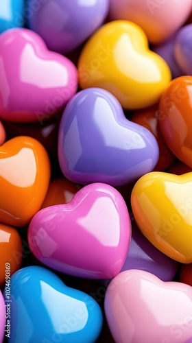  A mound of heart-shaped candies atop an assortment of orange, pink, and blue sweets