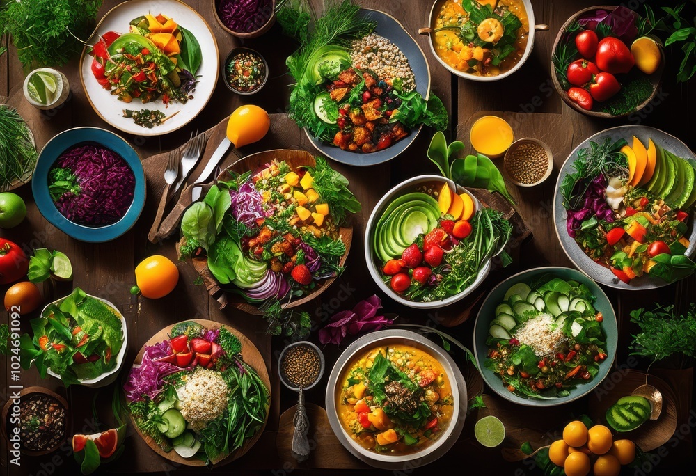 vibrant display colorful plant based meals showcasing freshness diversity every bite, barley, bowls, vegetables, spices, ingredients, gourmet, dishes vibrant display colorful plant based meals showcasing freshness diversity every bite, barley, bowls, vegetables, spices, ingredients, gourmet, dishes