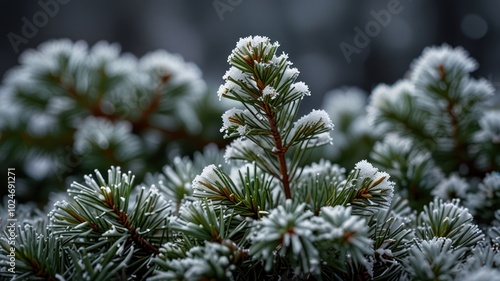 Closeup of a snow-covered pine branch with green needles against a blurred background.