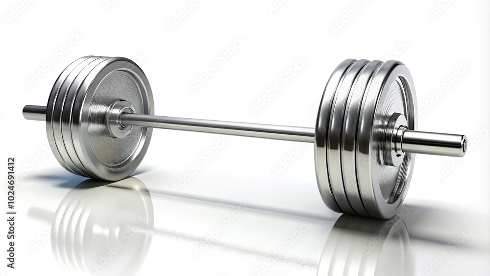 Sturdy barbell with chrome plates and knurled grips on white background leading lines Sturdy barbell with chrome plates and knurled grips on white background leading lines