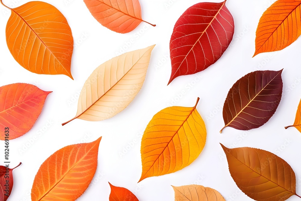 Colorful Autumn Leaves Scattered on White Background Displaying Nature's Changing Seasons Colorful Autumn Leaves Scattered on White Background Displaying Nature's Changing Seasons
