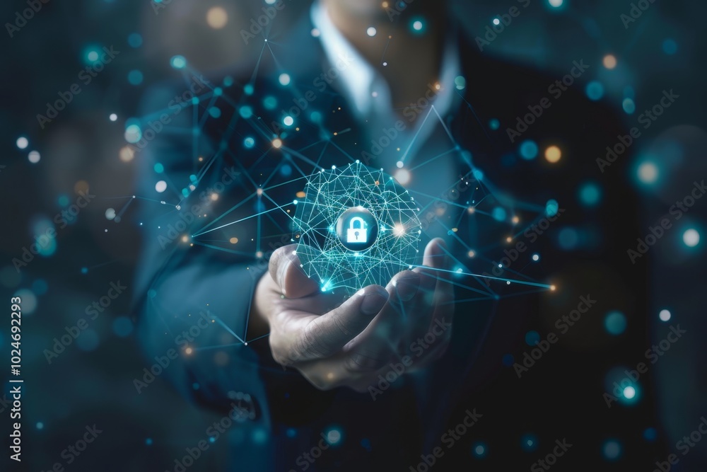 Hand reaching for floating digital security symbol Hand reaching for floating digital security symbol