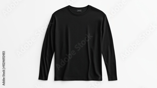 Black long-sleeve crew neck shirt against a white background, showcasing its simple and classic design.