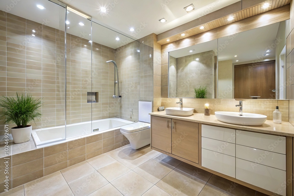 Fototapeta premium Stylish modern bathroom with light tiled walls and floor