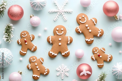 Whimsical Christmas Pattern with Gingerbread Cookies Ornaments and Snowflakes in Pastel Tones