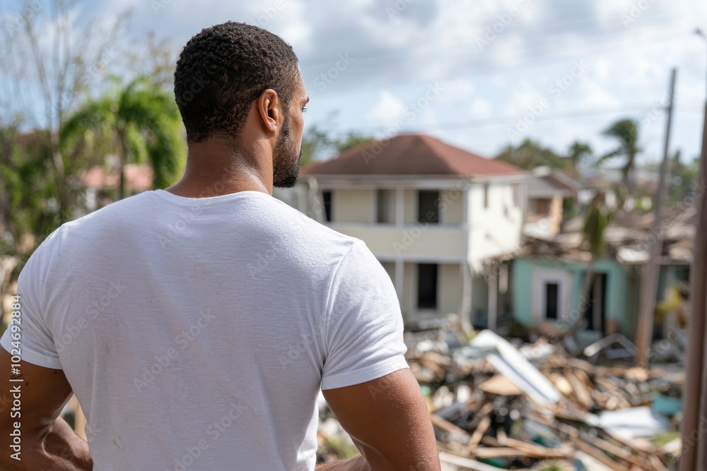 Fototapeta premium A man in a white shirt, viewed from behind, observes severe hurricane damage to a neighborhood. The scene signals resilience and hope after the hurricane's havoc.