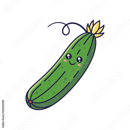 Cute Kawaii cucumber cartoon icon illustration. Food vegetable flat icon concept isolated on white background. Cucumber character, mascot in Doodle style.