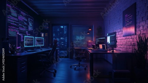 Inside a dimly lit workspace, the workstations of programmers