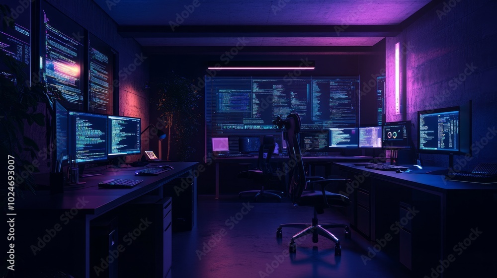 Inside a dimly lit workspace, the workstations of programmers Inside a dimly lit workspace, the workstations of programmers