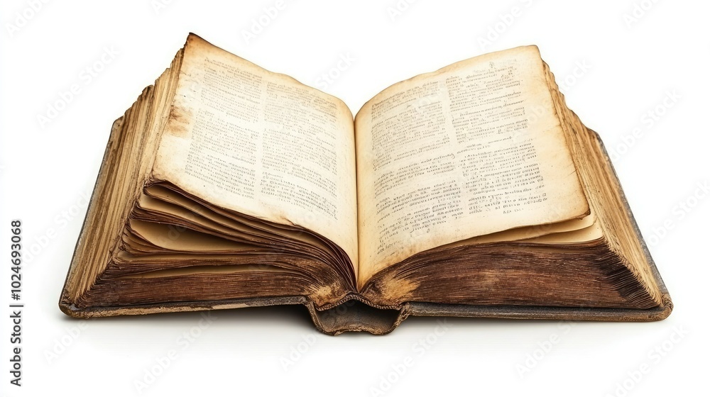 An open antique book with aged, yellowed pages. The book is worn and has a brown leather cover. An open antique book with aged, yellowed pages. The book is worn and has a brown leather cover.
