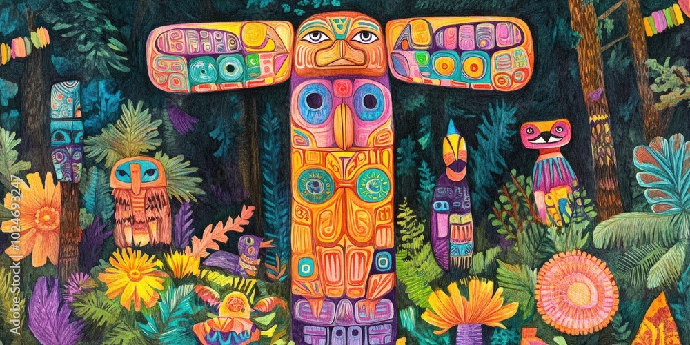 Obraz premium Colorful totem poles in a jungle setting.