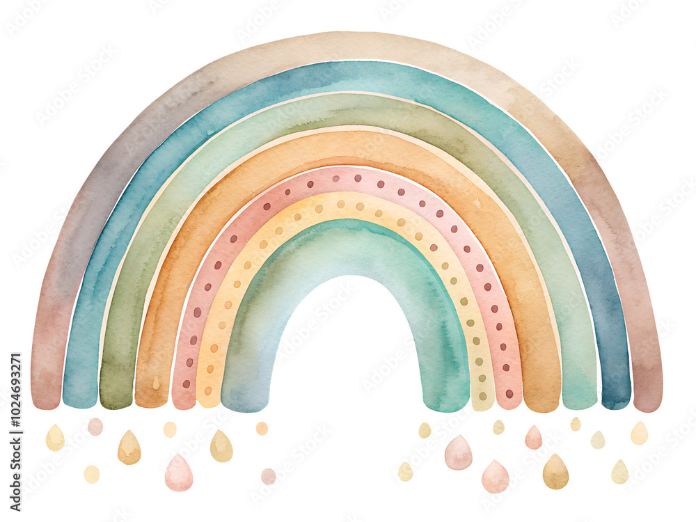 Watercolor illustration clipart boho rainbow with drops. Isolated on transparent background. Perfect for card, postcard, tags, invitation, printing, wrapping. Watercolor illustration clipart boho rainbow with drops. Isolated on transparent background. Perfect for card, postcard, tags, invitation, printing, wrapping.