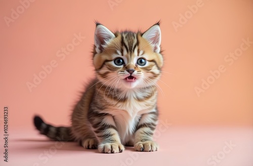 Close up portrait of a cat. Muzzle of a cute tabby cat licking lips. Selective focus. The muzzle of a brown domestic cat.