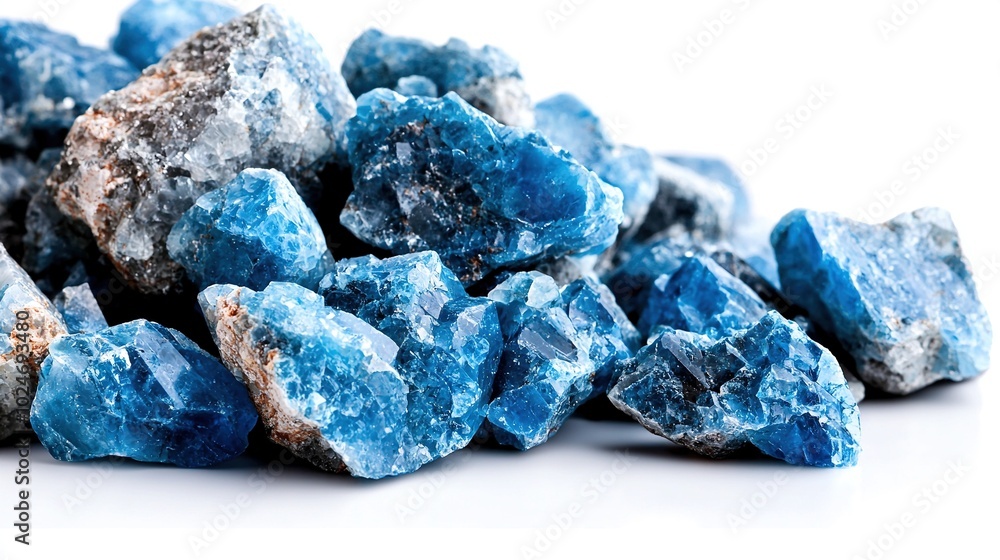 A group of blue stones is placed on a white table with another pile of mixed blue and white stones nearby A group of blue stones is placed on a white table with another pile of mixed blue and white stones nearby