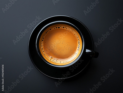 A top view of a freshly brewed espresso served in a black cup and saucer, set against a dark background photo