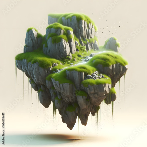 Floating Island with Lush Greenery | A surreal floating island covered in vibrant green moss and rocks. Perfect for fantasy, environmental themes, or surreal landscape projects.