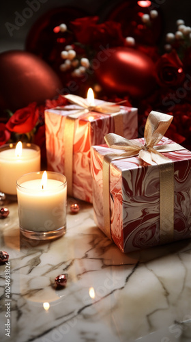 décoration floral sur une table accompagné de bougies et de cadeaux pour Noel ou anniversaire, bien être détente