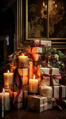 décoration floral sur une table accompagné de bougies et de cadeaux pour Noel ou anniversaire, bien être détente