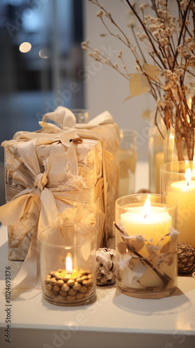 décoration floral sur une table accompagné de bougies et de cadeaux pour Noel ou anniversaire, bien être détente