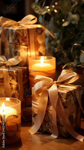 décoration floral sur une table accompagné de bougies et de cadeaux pour Noel ou anniversaire, bien être détente photo