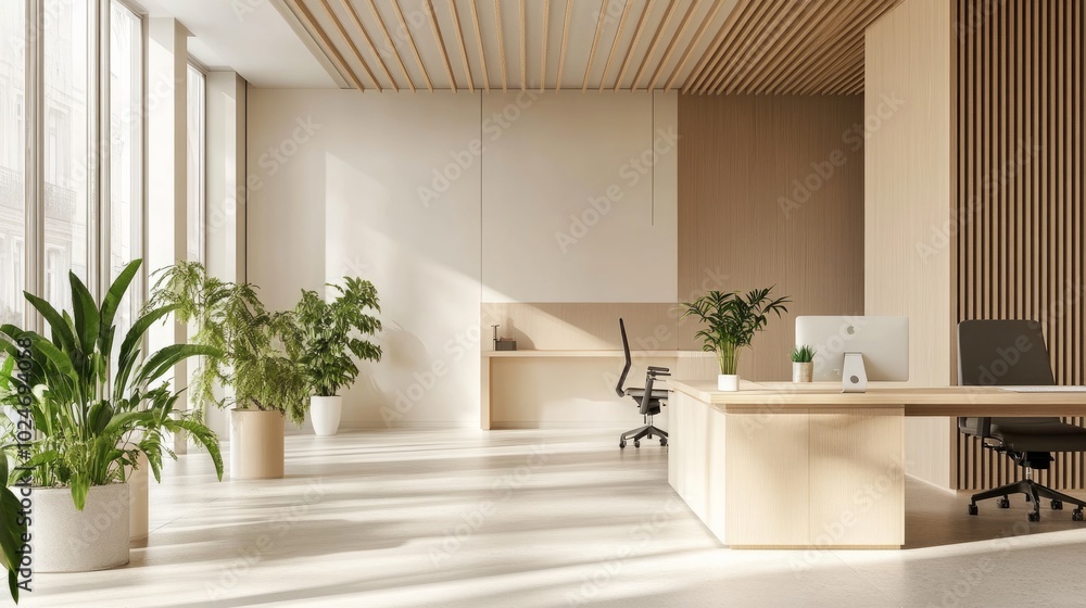 Fototapeta premium View of a bright, airy, and minimalist modern office environment featuring workstations, plants, and a copy area