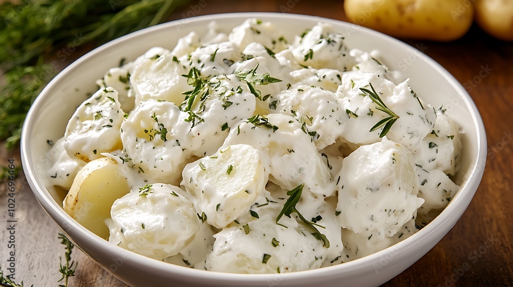 patato salad with mayonnaise and dill in a bowl patato salad with mayonnaise and dill in a bowl