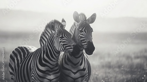 Zebra pair in field, greyscale close-up photo