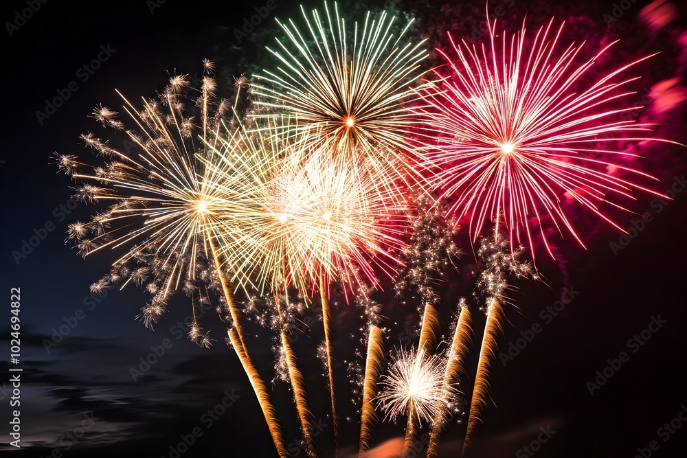 Vibrant Fireworks Display Bursting Over Dark Night Sky in Stunning Vivid Colors Vibrant Fireworks Display Bursting Over Dark Night Sky in Stunning Vivid Colors