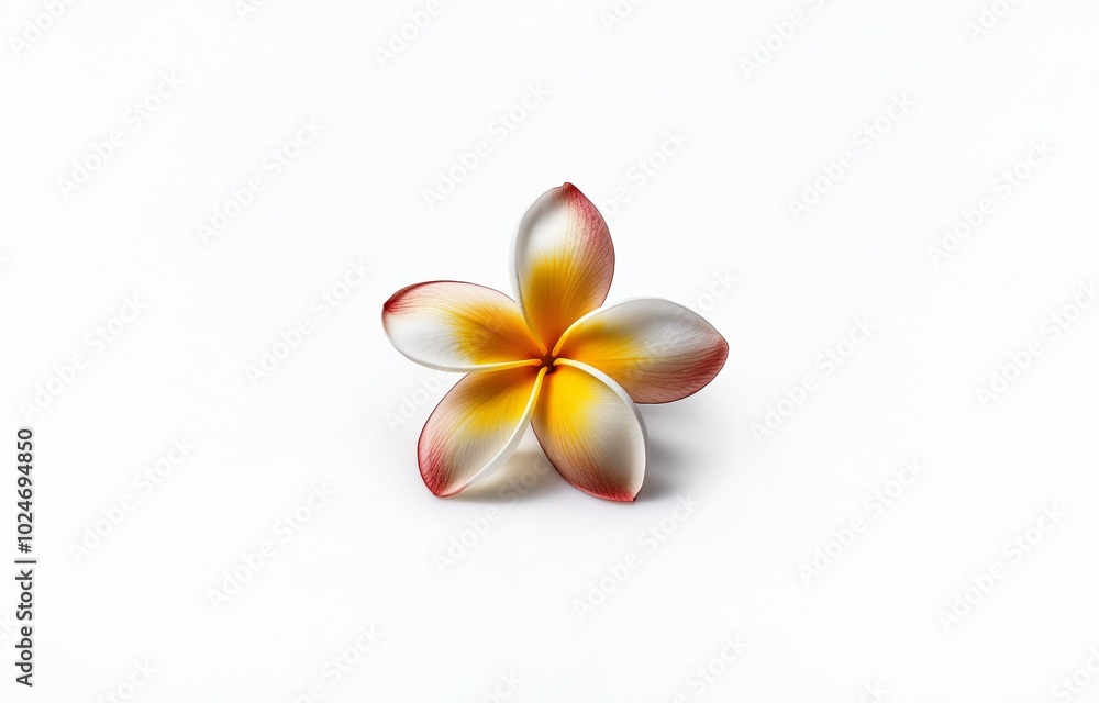 Naklejka premium A single, delicate flower with five petals, white with yellow and red highlights, rests against a plain white background.