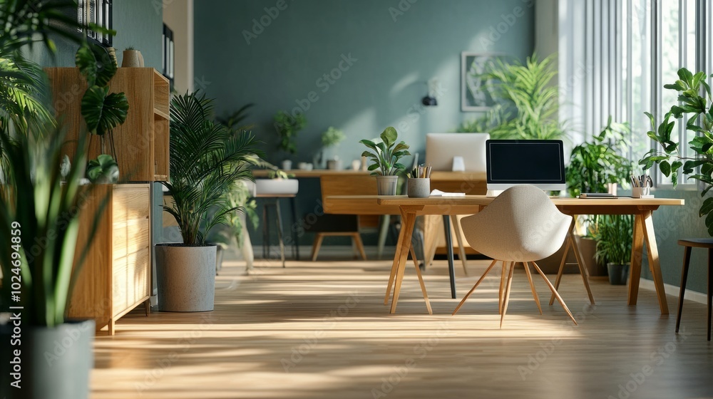 Obraz premium View of a bright, airy, and minimalist modern office environment featuring workstations, plants, and a copy area