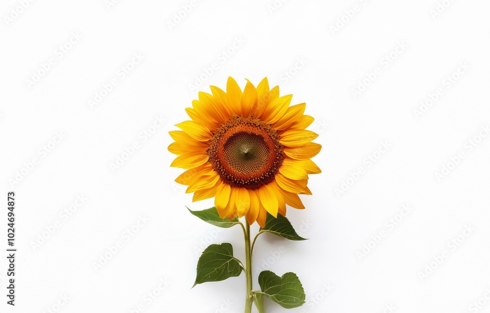 Obraz premium A single sunflower with yellow petals and a brown center is isolated on a white background.