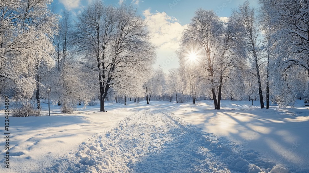 Picturesque park blanketed in snow. Picturesque park blanketed in snow.