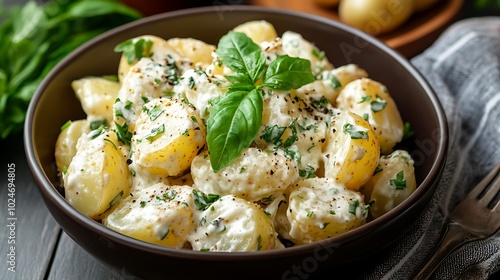 patato salad with mayonnaise and dill in a bowl