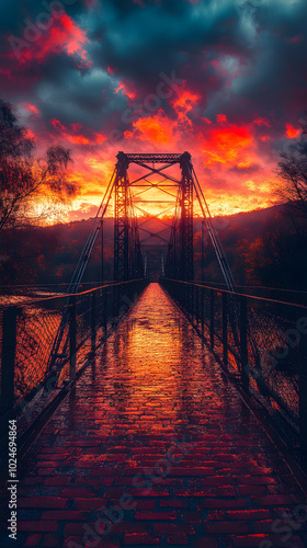 The iron bridge is long  with a red and blue sky at sunset photo