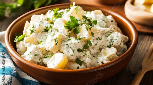 patato salad with mayonnaise and dill in a bowl