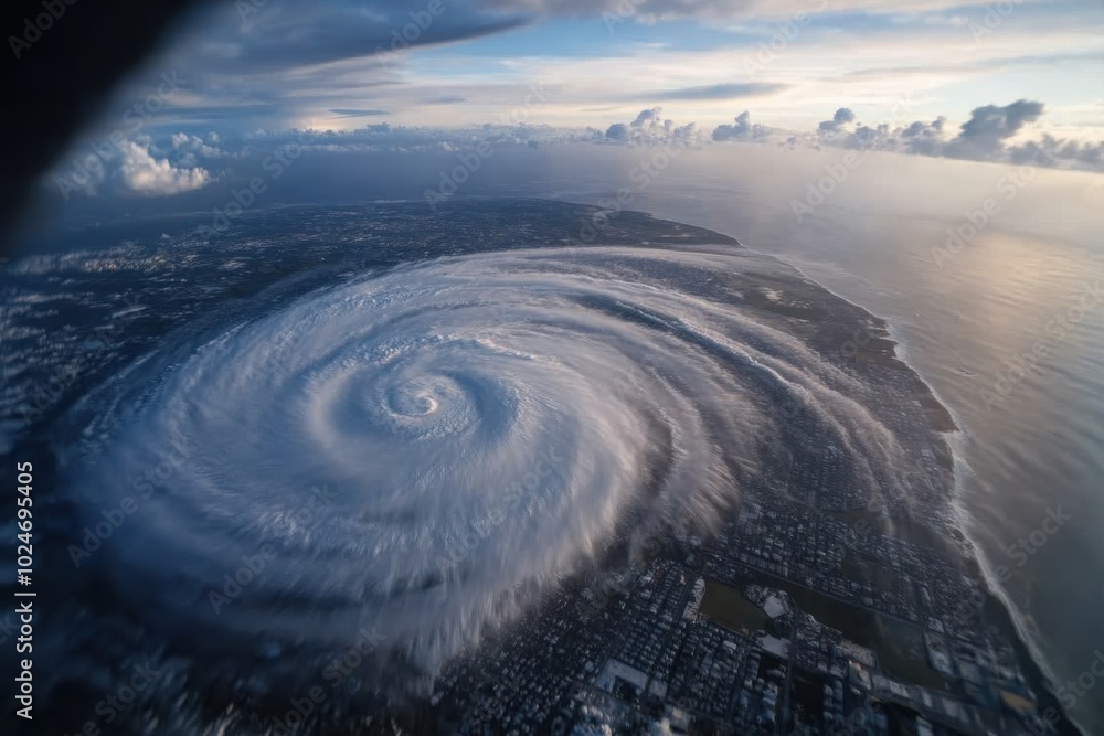 Fototapeta premium Immense spiral cloud formation hovering over both land and sea, signifying the grandeur of weather dynamics and impact on the inhabited landscape beneath.