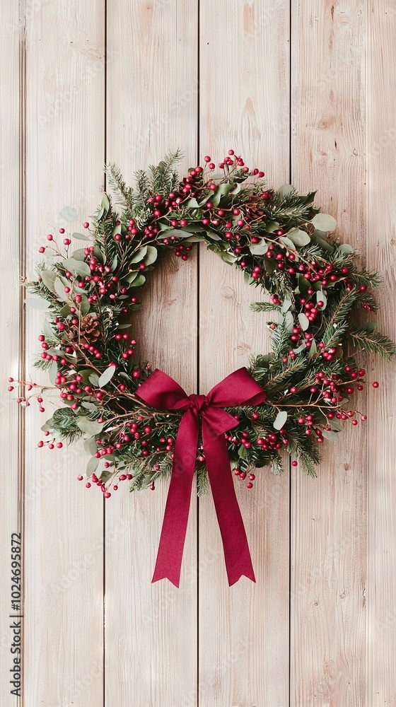 Wreath on wooden wall with red bows front and back Wreath on wooden wall with red bows front and back