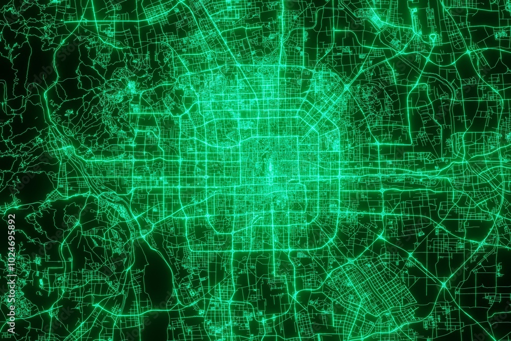 Map of the streets of Beijing (China) made with green illumination and glow effect. Top view on roads network. 3d render, illustration Map of the streets of Beijing (China) made with green illumination and glow effect. Top view on roads network. 3d render, illustration