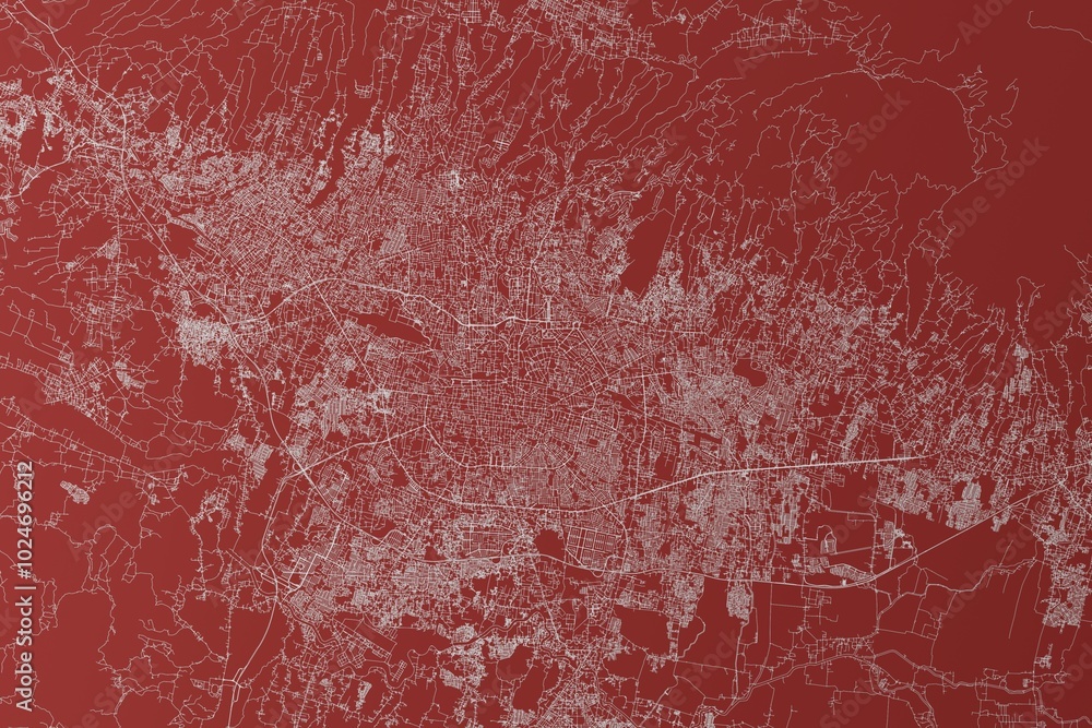 Map of the streets of Bandung (Indonesia) made with white lines on red background. Top view. 3d render, illustration Map of the streets of Bandung (Indonesia) made with white lines on red background. Top view. 3d render, illustration