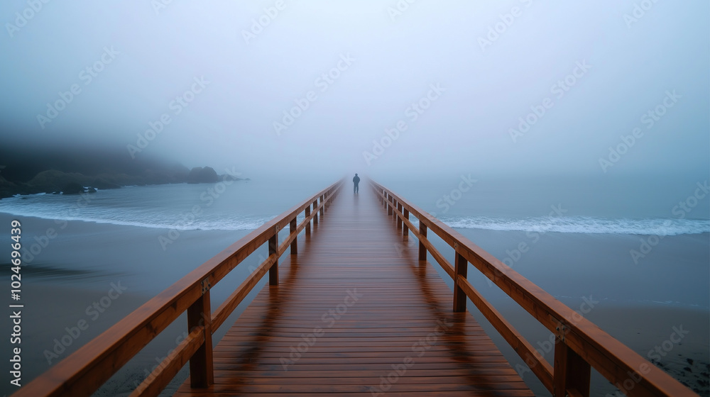 A serene beach scene with a wooden pier and a person walking on it. The foggy atmosphere adds a sense of tranquility to the scene, as the misty air envelops the pier and the beach A serene beach scene with a wooden pier and a person walking on it. The foggy atmosphere adds a sense of tranquility to the scene, as the misty air envelops the pier and the beach