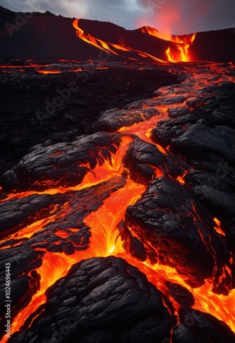 dynamic lava flow showcasing raw power vivid heat textured surface details, magma, eruption, volcano, rock, molten, landscape, energy, smoke, steam, fire