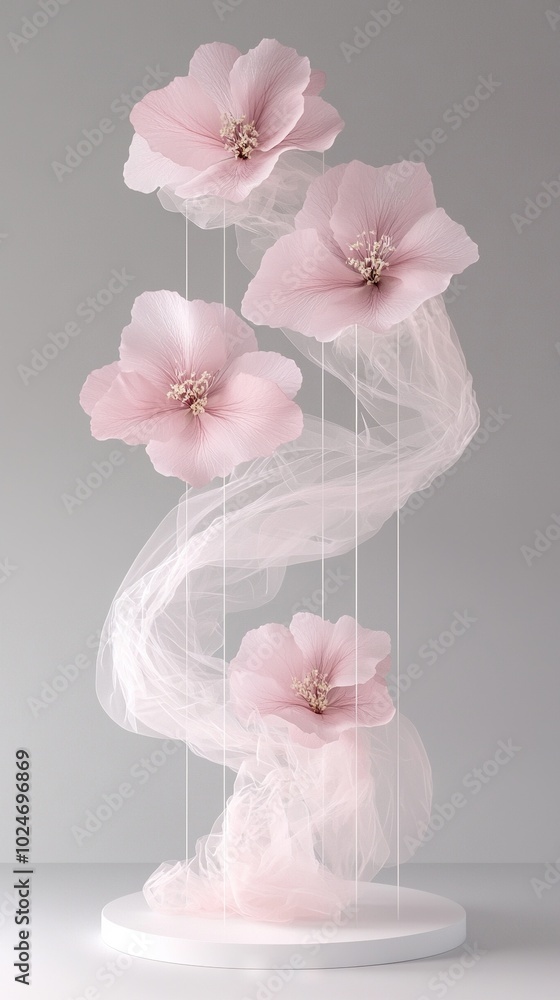A white sculpture, with pink flowers hanging on its sides, stands before a gray background and rests on a white circular base A white sculpture, with pink flowers hanging on its sides, stands before a gray background and rests on a white circular base